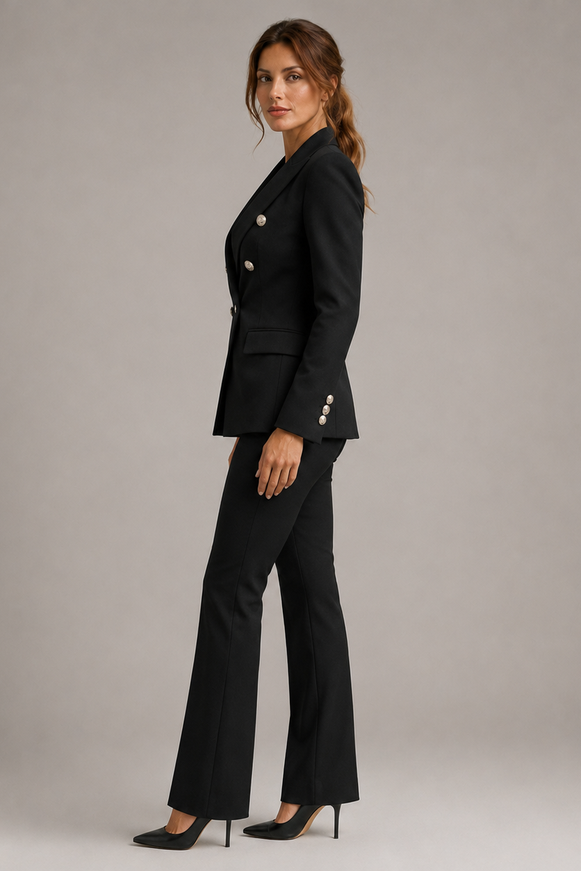 Woman wearing a black suit against a gray background