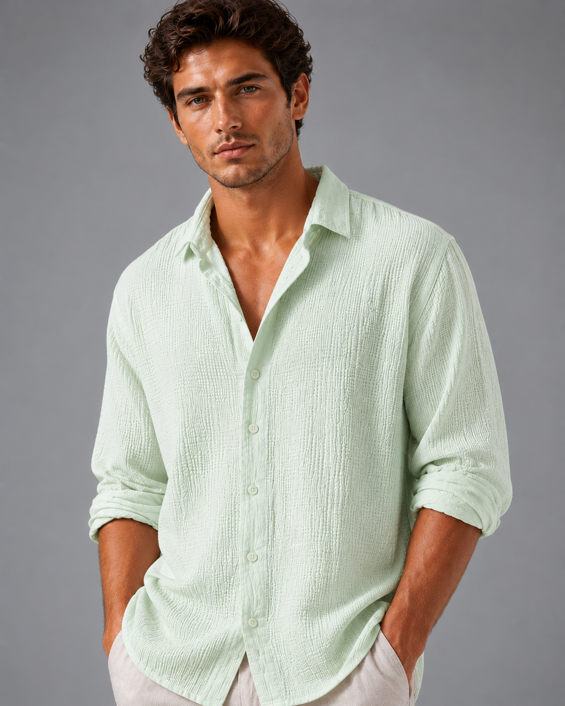 Man wearing a light green button-up shirt against a gray background