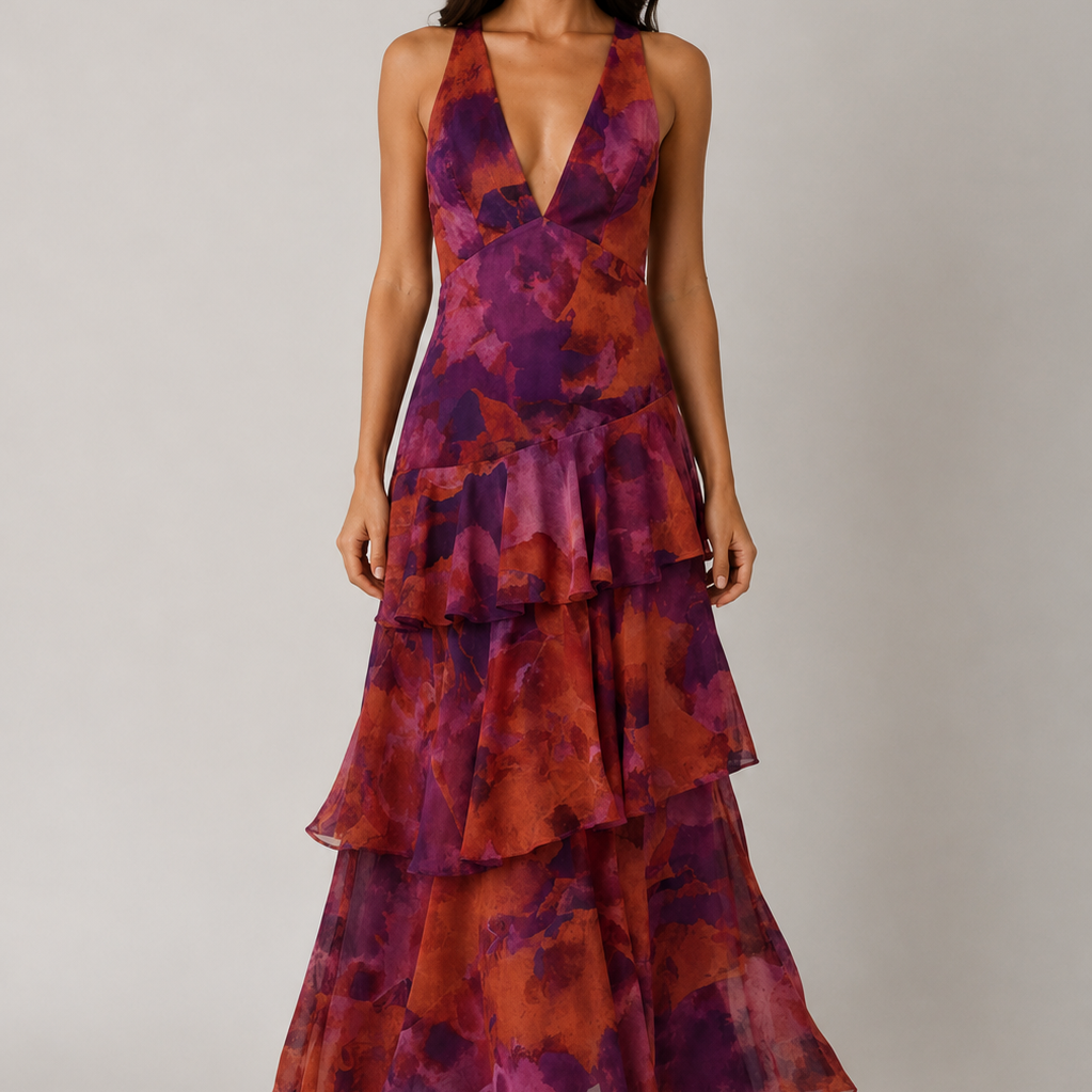 Woman wearing a tiered, floral-patterned dress on a plain background