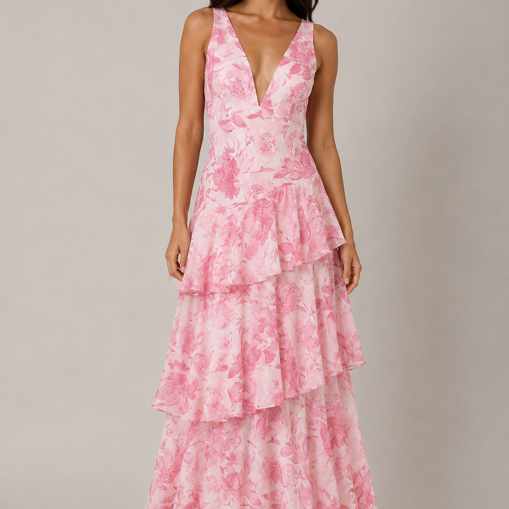 Woman wearing a pink floral dress against a plain background