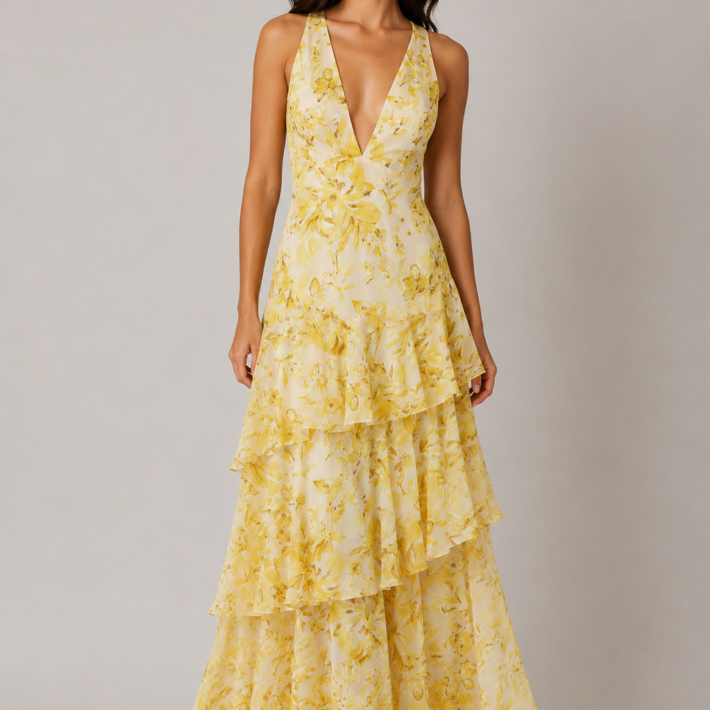 Woman wearing a yellow floral dress against a gray background
