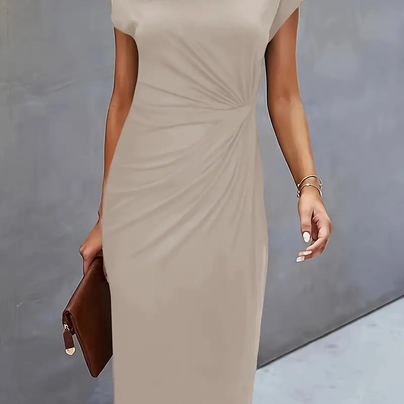 Women’s beige midi dress with flattering fit and classic minimal design.