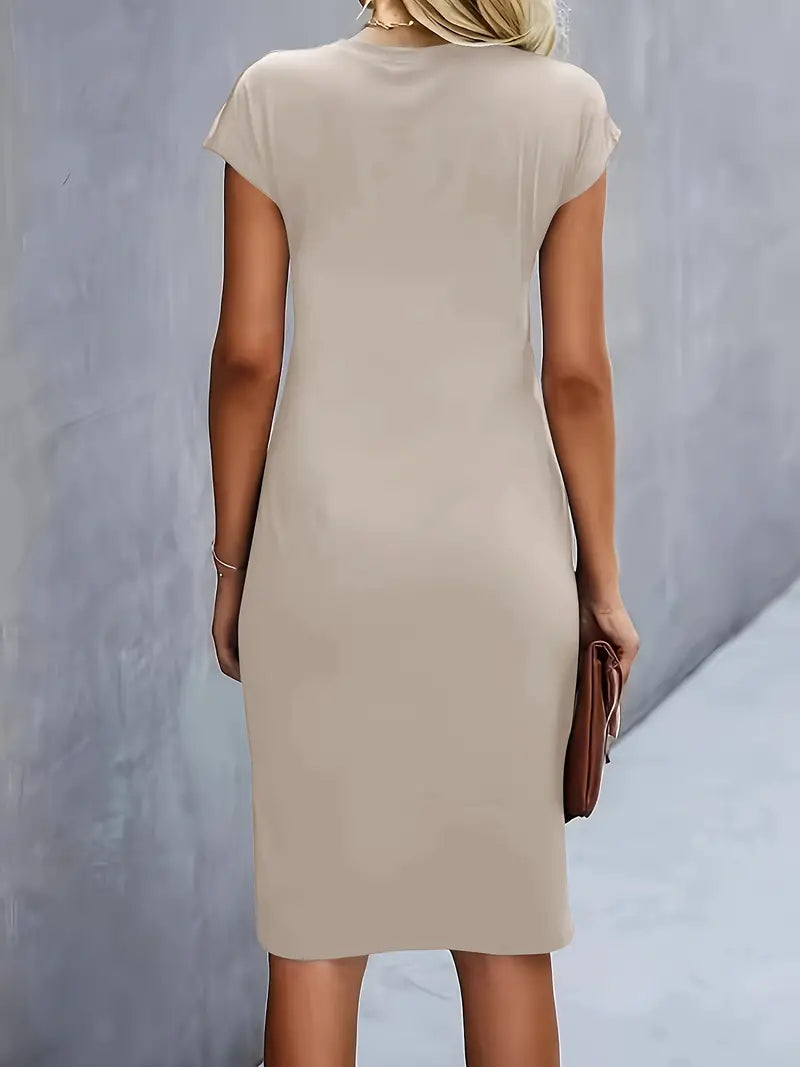 Women’s beige midi dress with flattering fit and classic minimal design.2