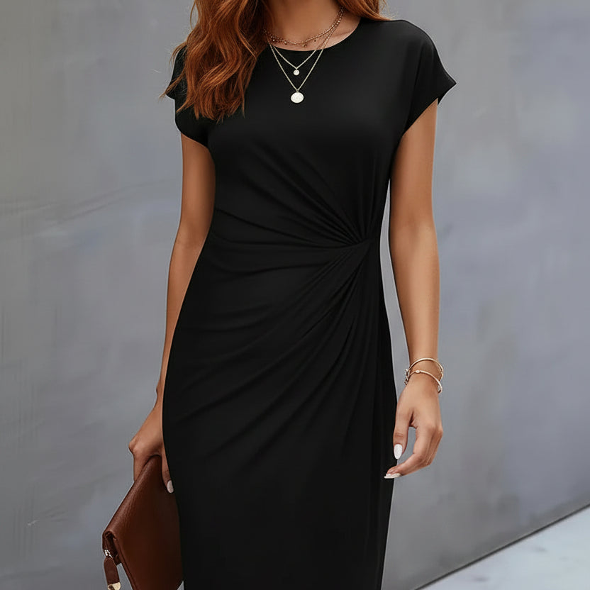 Women’s black midi dress with flattering silhouette and comfortable fit for formal and everyday outfits.
