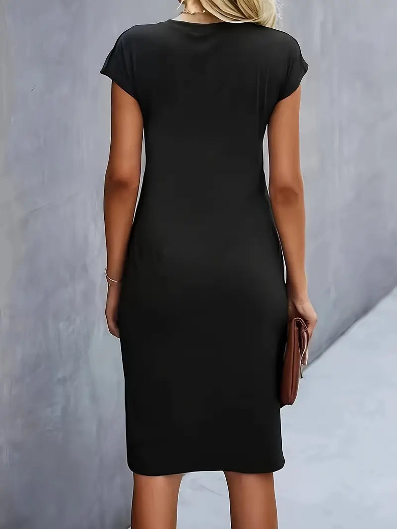 Women’s black midi dress with flattering silhouette and comfortable fit for formal and everyday outfits.1