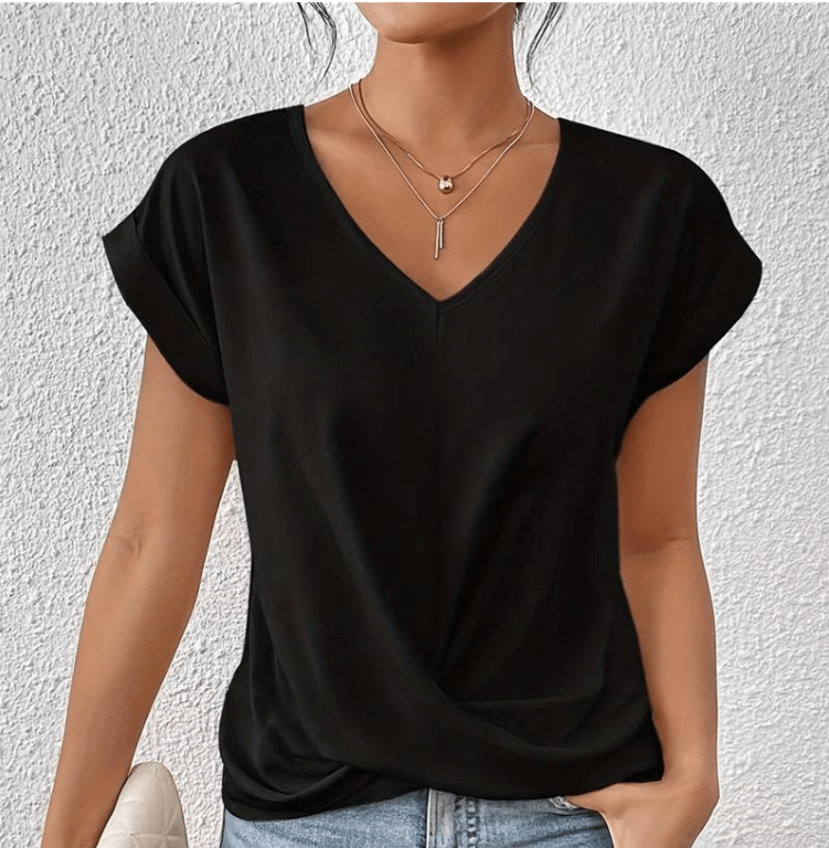 Women’s black tummy-tucking V-neck top with sculpting silhouette and comfortable stretch fit.