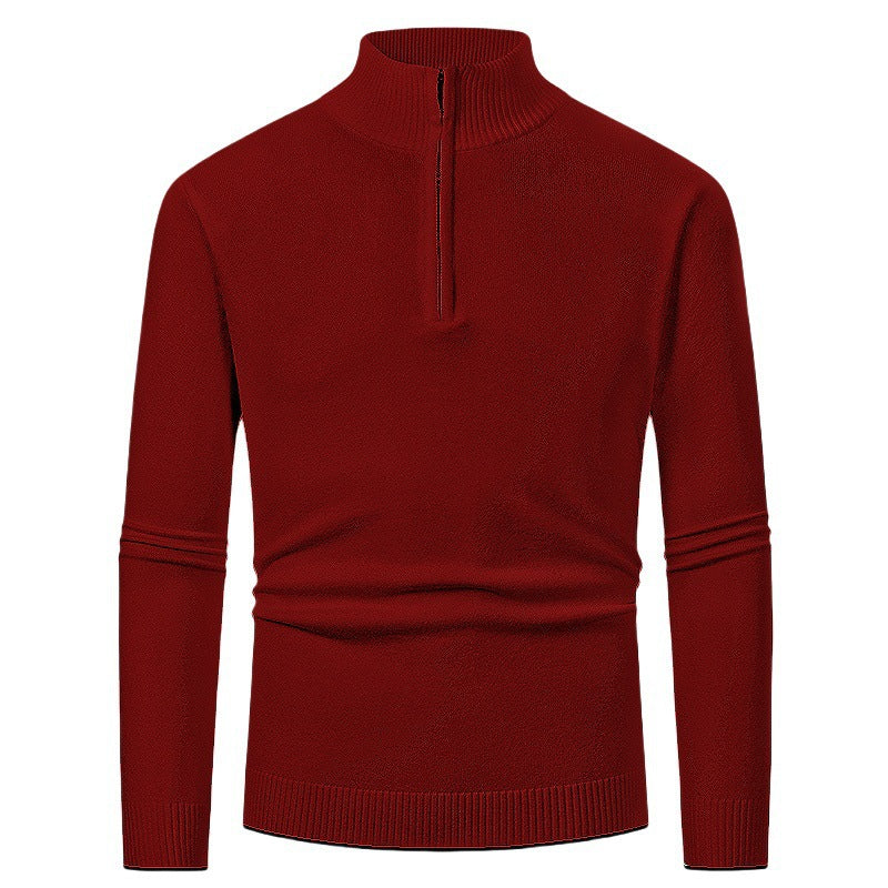Men’s merino wool zip sweater in burgundy with modern knit design, warm and stylish for business and smart casual outfits.
