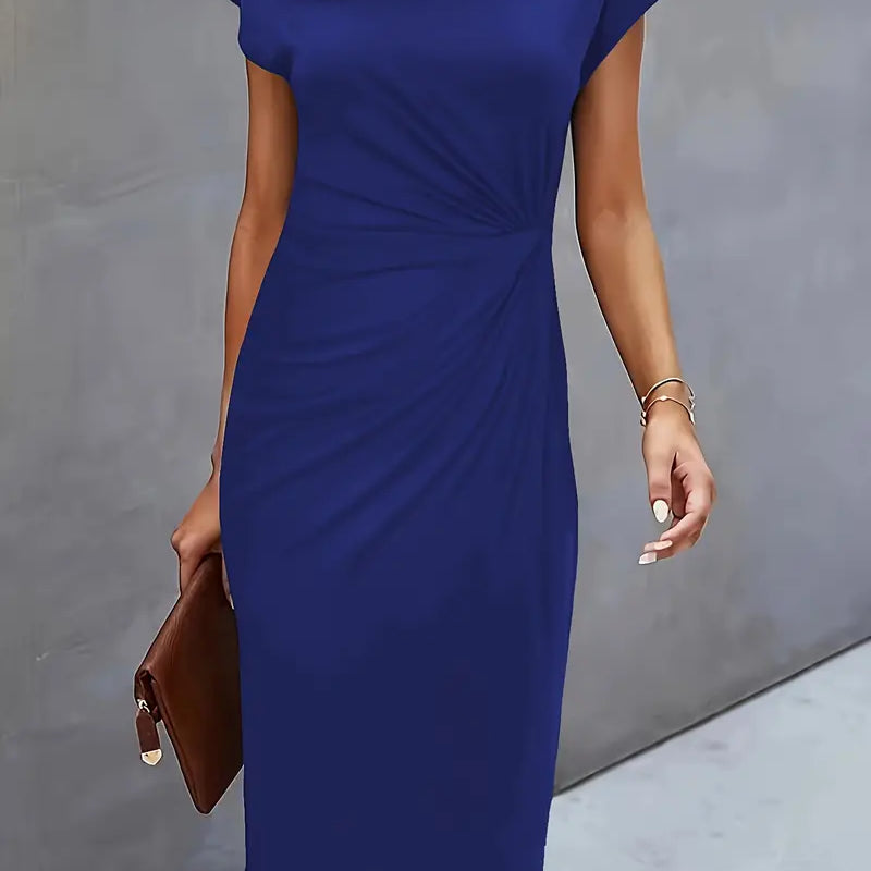 Women’s navy blue midi dress with round neckline and flattering silhouette for stylish outfits.