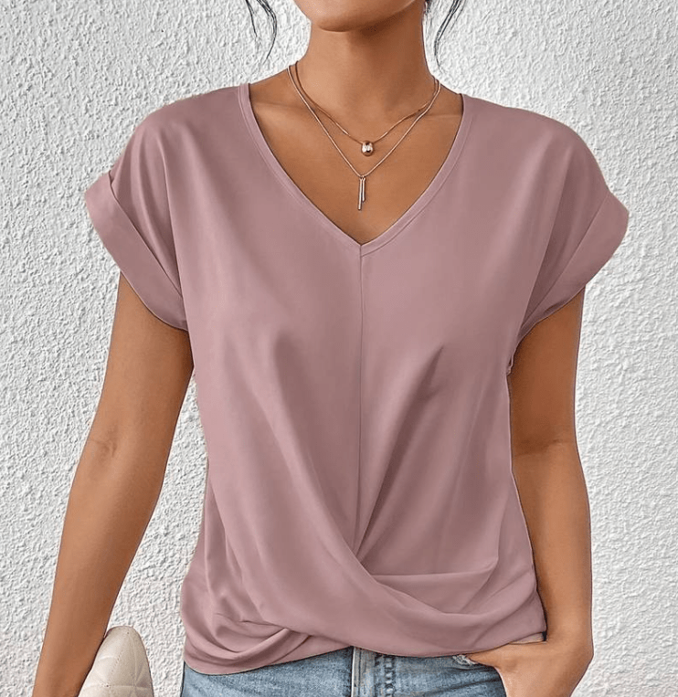 Women’s pink tummy-tucking V-neck top with elegant V-neck design and body-enhancing fit.