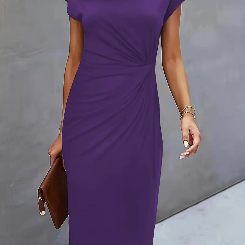 Women’s violet blue midi dress with flattering silhouette and flowing comfortable design.