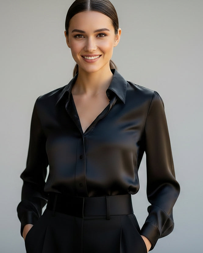 Person wearing a black satin shirt and black pants with a blurred background