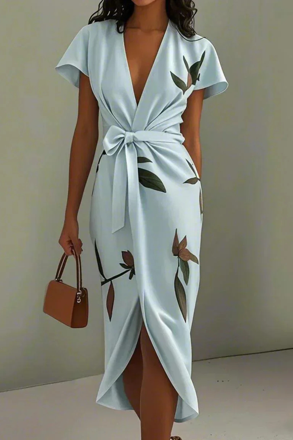 Woman wearing a light blue dress with floral patterns and holding a brown handbag against a plain background