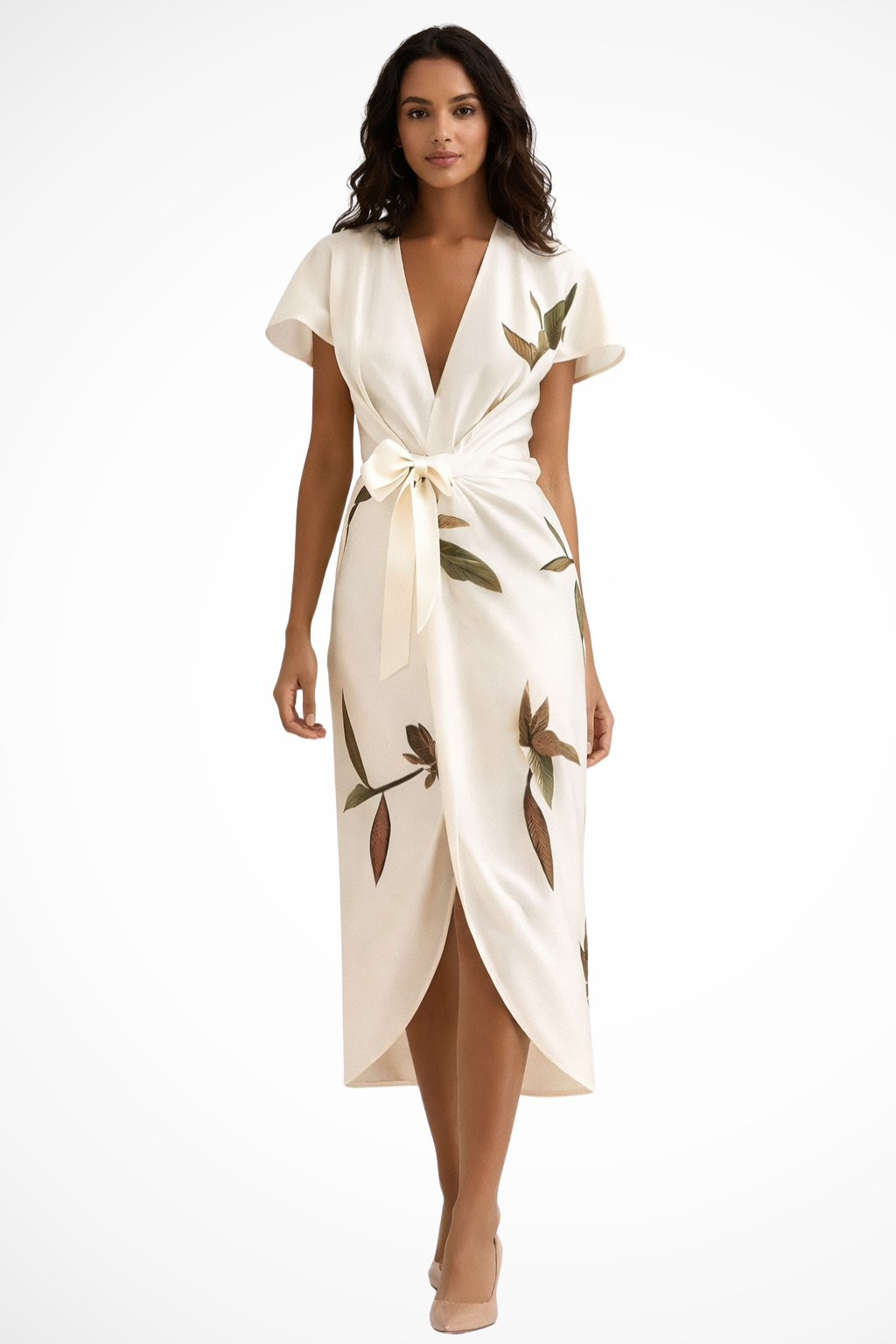 Woman wearing a white dress with leaf patterns on a white background
