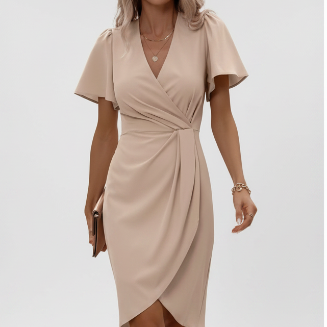 Women’s wrap dress in light brown with V-neck and flowing sleeves, stylish and comfortable for dinners, parties, and formal occasions.