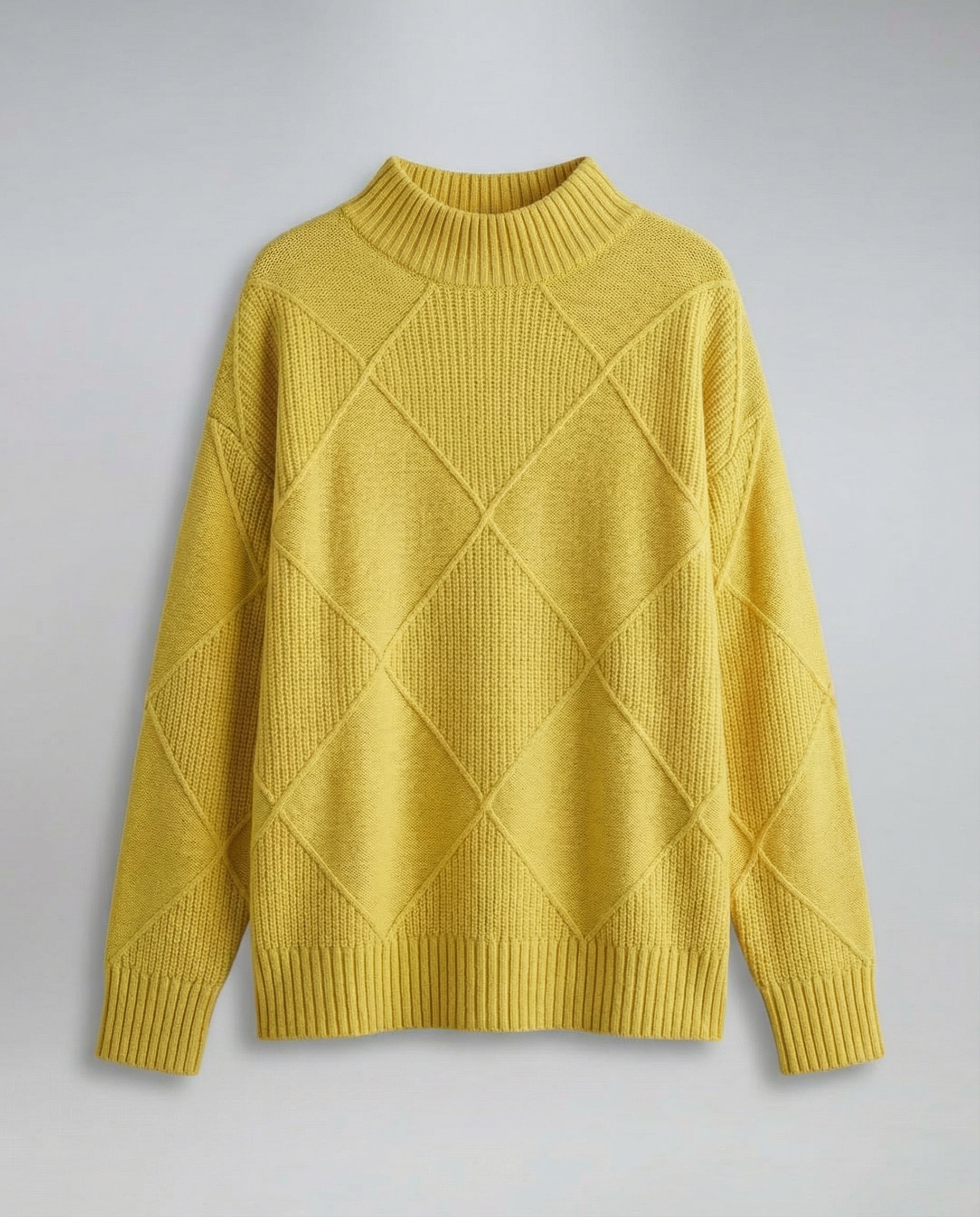 Women’s soft turtleneck sweater in yellow, warm and comfortable, stylish for casual and elegant winter outfits.