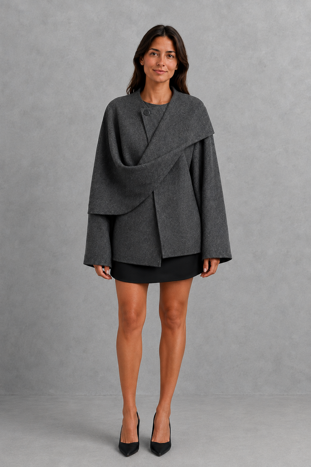 Women’s Lucille longline cape coat with an elegant relaxed silhouette and built-in scarf for cosy autumn and winter layering.