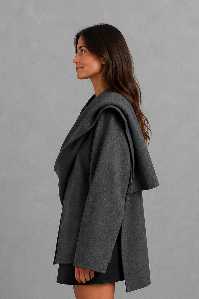 Women’s Lucille longline cape coat with an elegant relaxed silhouette and built-in scarf for cosy autumn and winter layering.