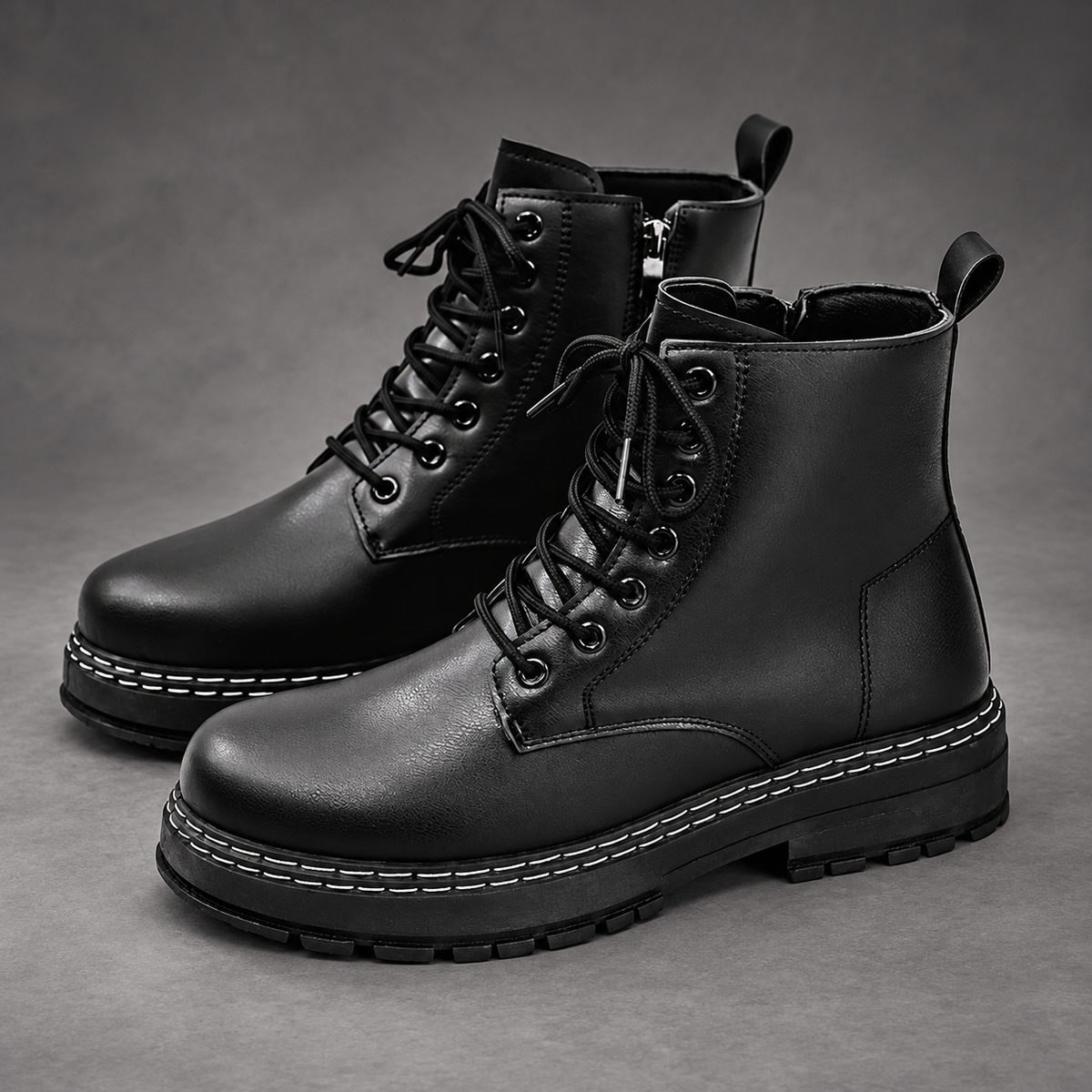 Men’s Lace-Up Combat Ankle Boots – Side Zip Chunky Sole Casual Shoes – Black – front angle view
