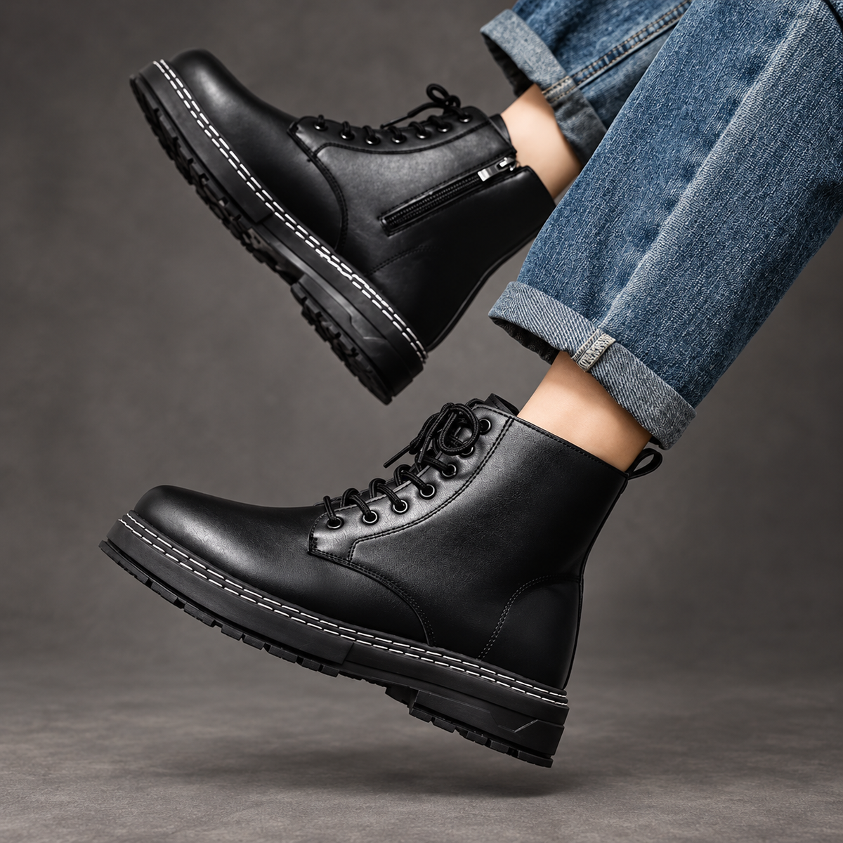 Men’s Lace-Up Combat Ankle Boots – Side Zip Chunky Sole Casual Shoes – Black – on-foot side zip view