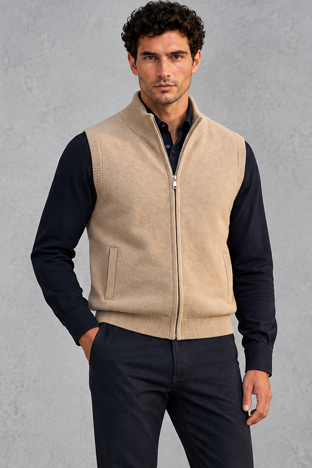 Men's Knitted Zip-Up Gilet in Caramel – front view