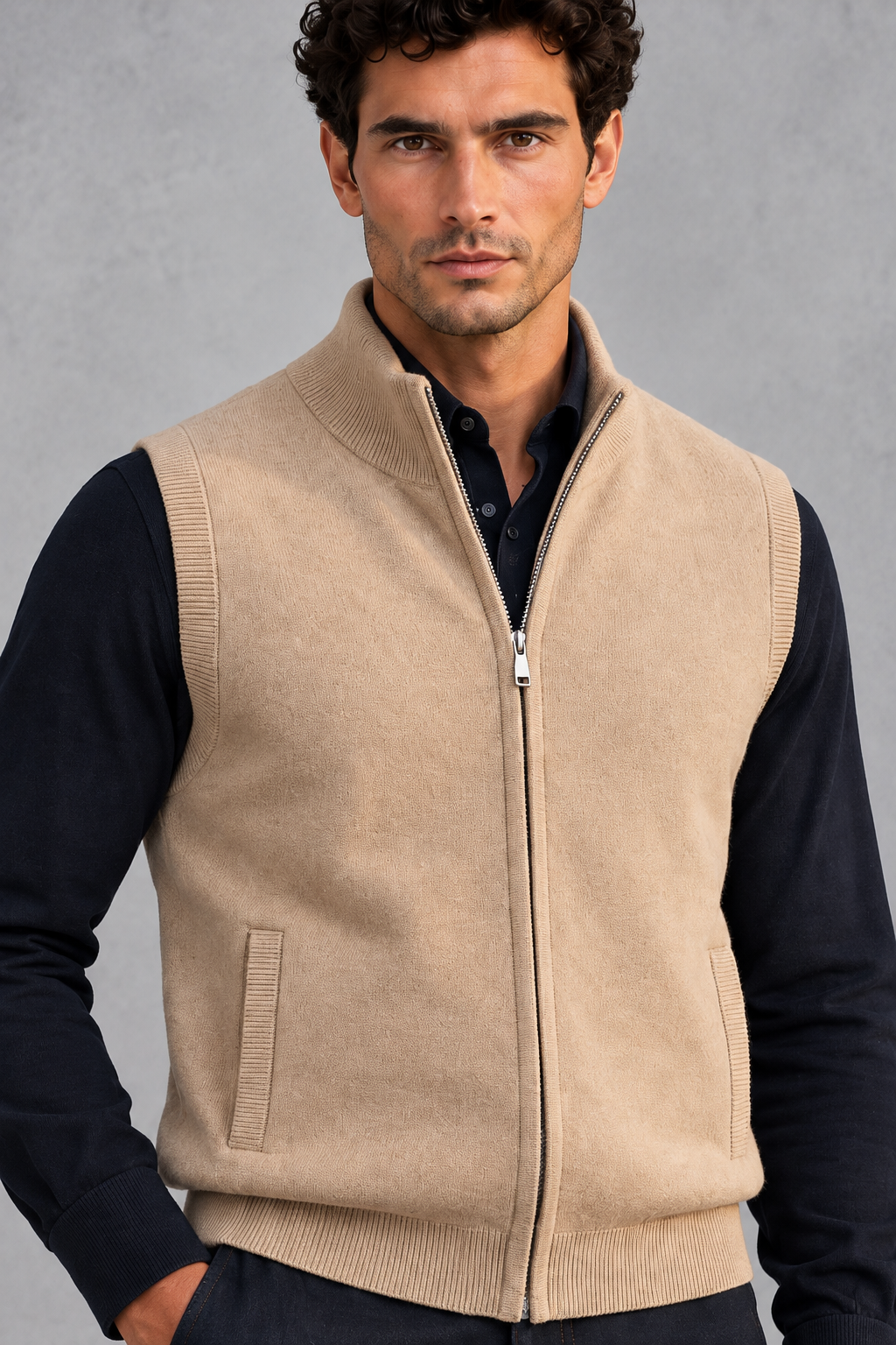 Men's Knitted Zip-Up Gilet in Caramel – close-up