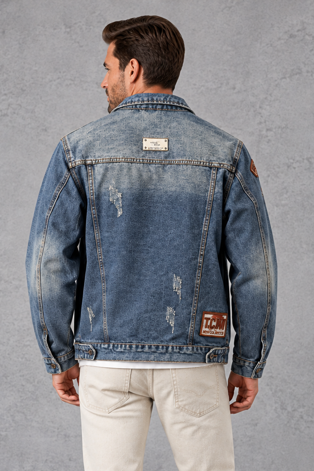 Men's Patch Denim Jacket in Denim – back view