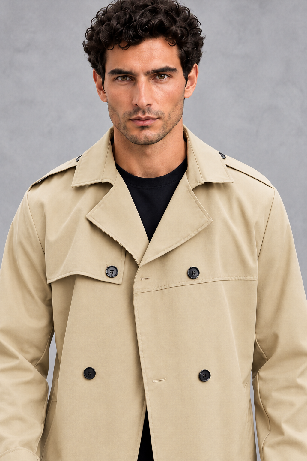 Men's Double-Breasted Trench Coat in Beige – detail view