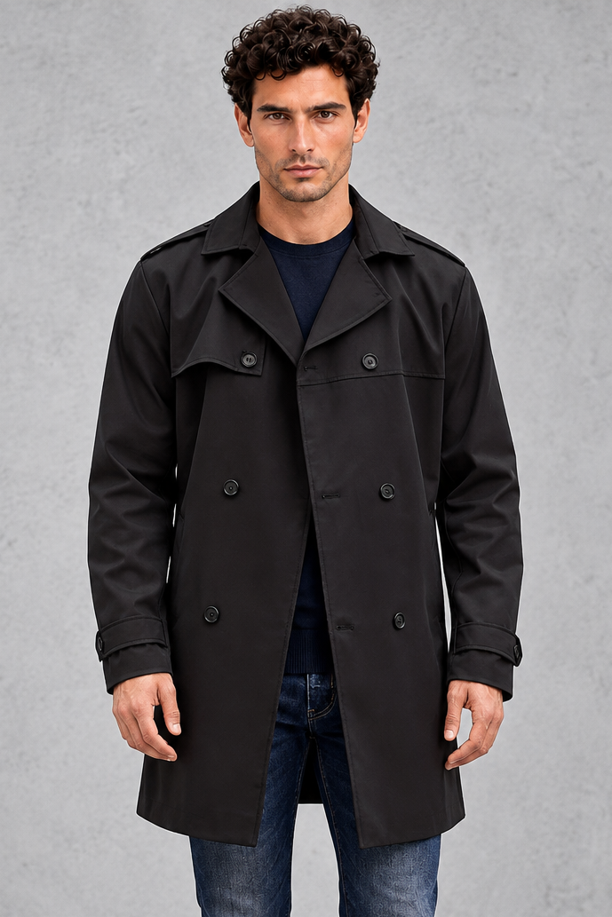 Men's Double-Breasted Trench Coat in Black – front view