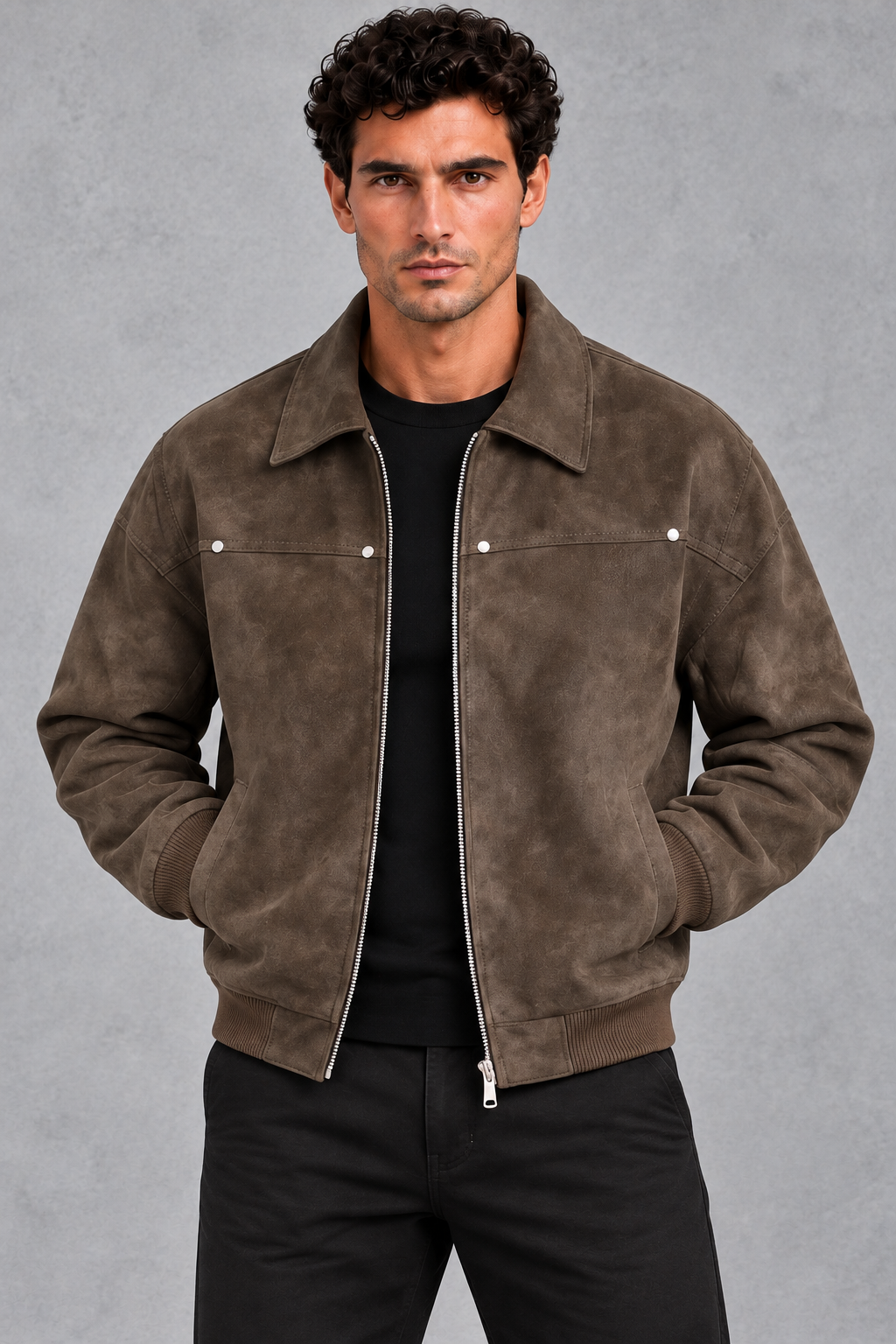 Suede-Look Collared Jacket in Brown – detail view