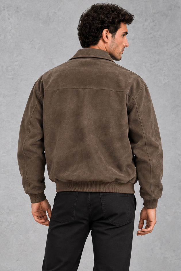 Suede-Look Collared Jacket in Brown – back view