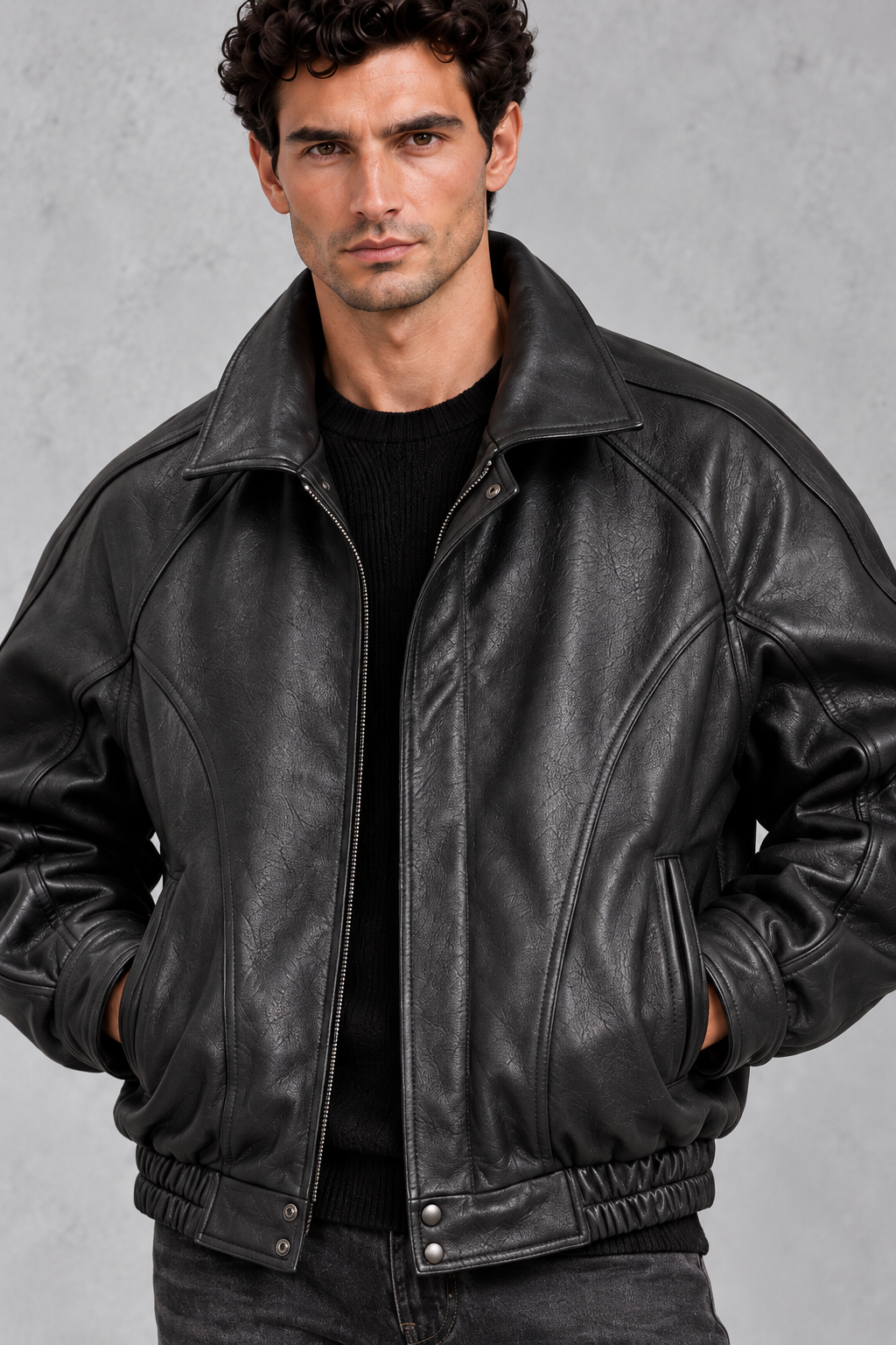 Men's Leather-Look Bomber Jacket – Black