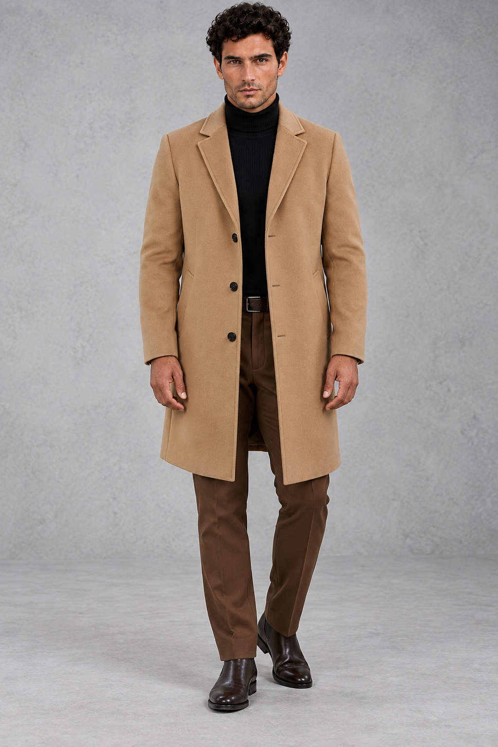 Men's Slim-Fit Tailored Overcoat in Camel – front view
