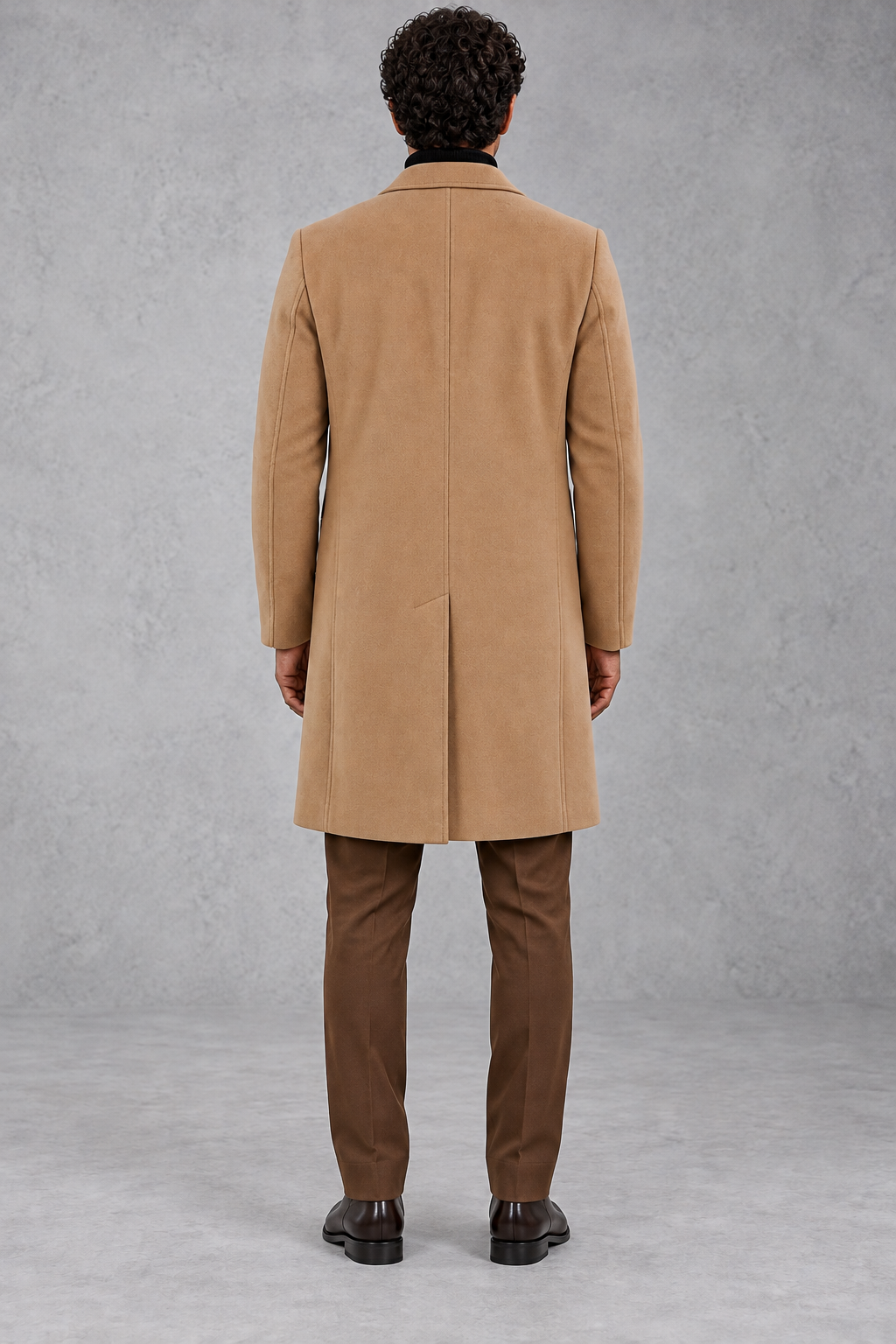 Men's Slim-Fit Tailored Overcoat in Camel – back view
