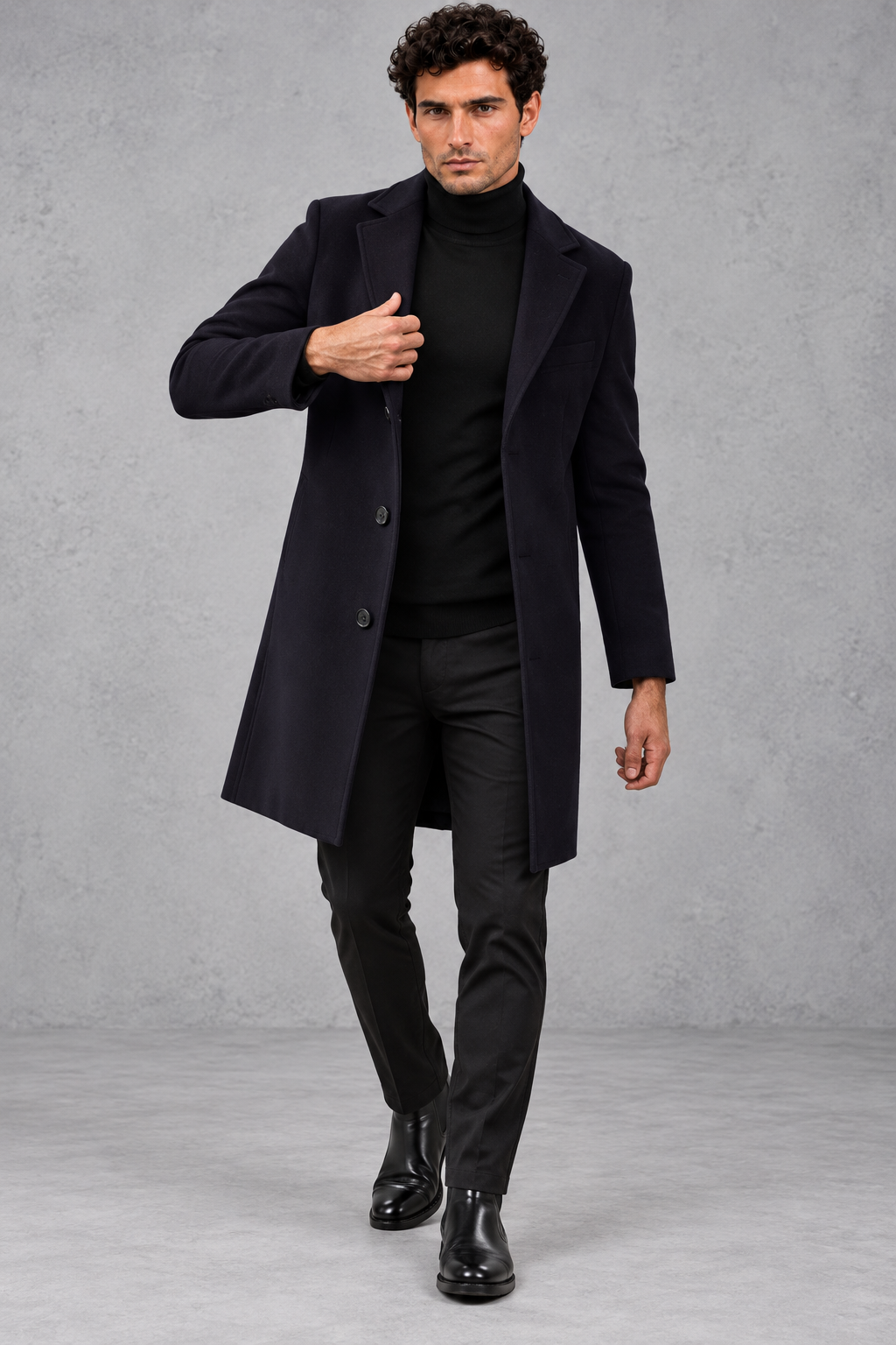 Men's Slim-Fit Tailored Overcoat in Black – front view