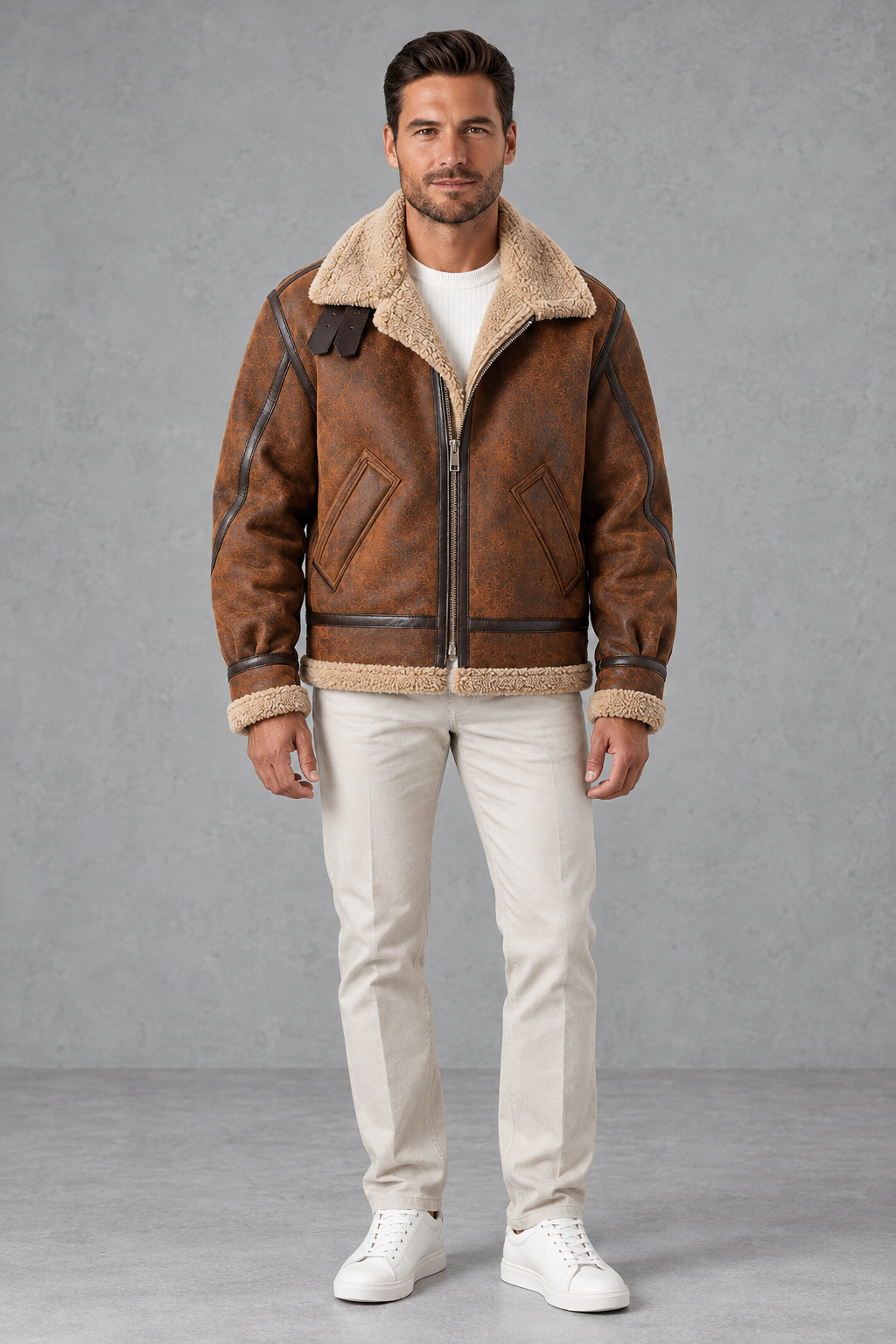 Men's Suede-Look Aviator Jacket in Brown – full-length front view
