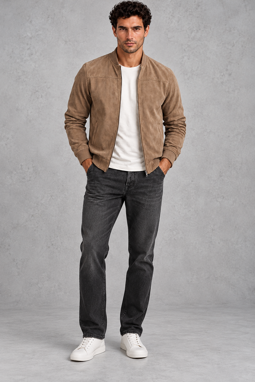 Men's Suede-Look Bomber Jacket – Taupe