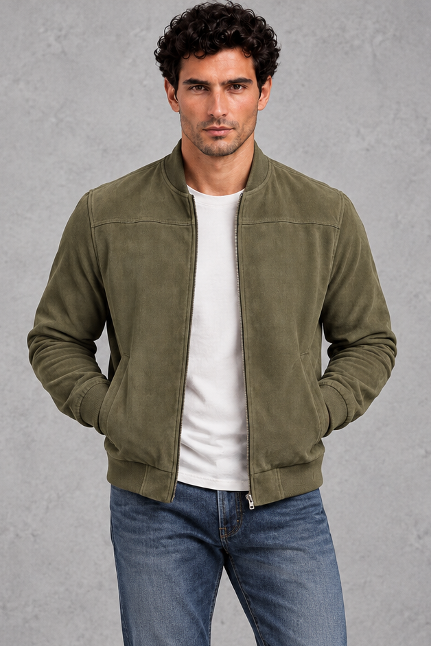 Men's Suede-Look Bomber Jacket – Green