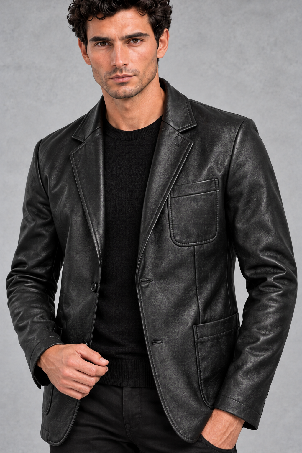 Men's Faux Leather Blazer in Black – detail view