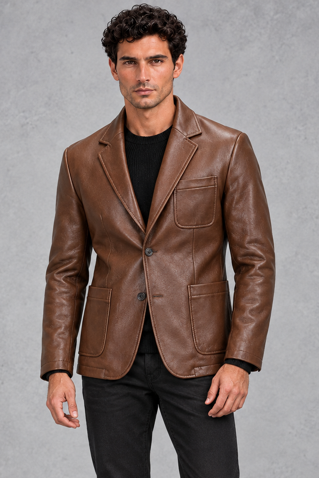 Men's Faux Leather Blazer in Brown – front view