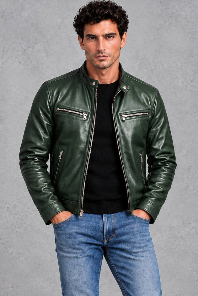 Men's Leather-Look Café Racer Jacket – Green
