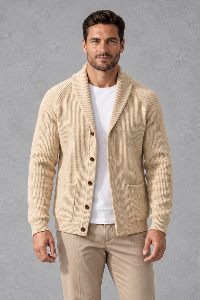 Men's Shawl Collar Cardigan in Cream – front view
