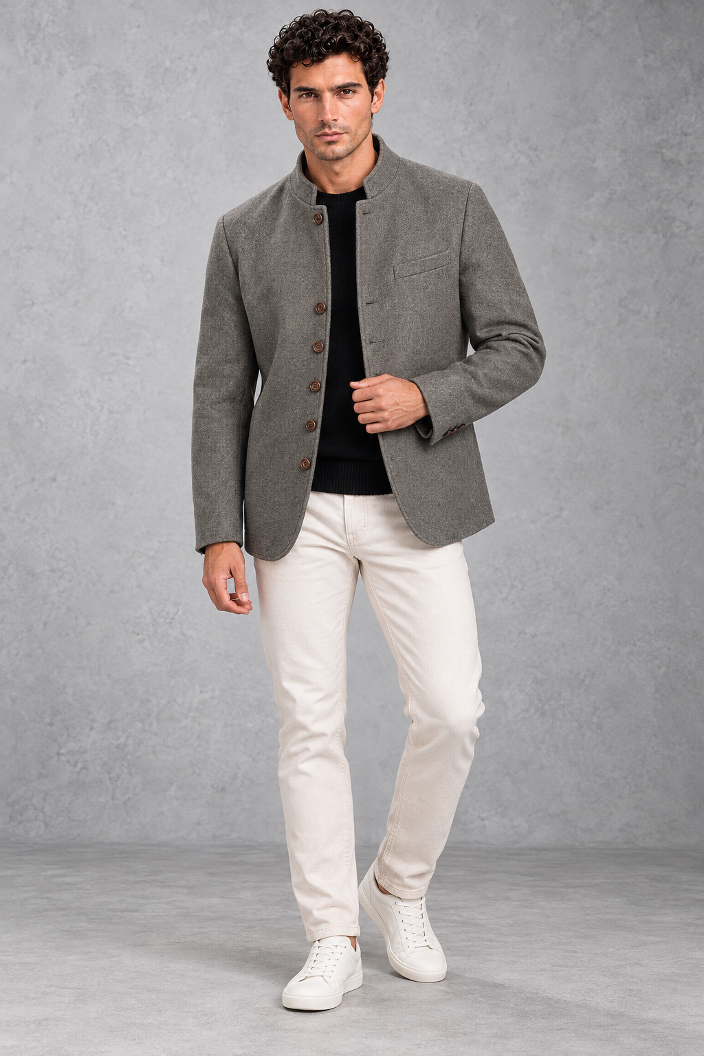 Men's Stand-Collar Jacket in Grey – full-length front view