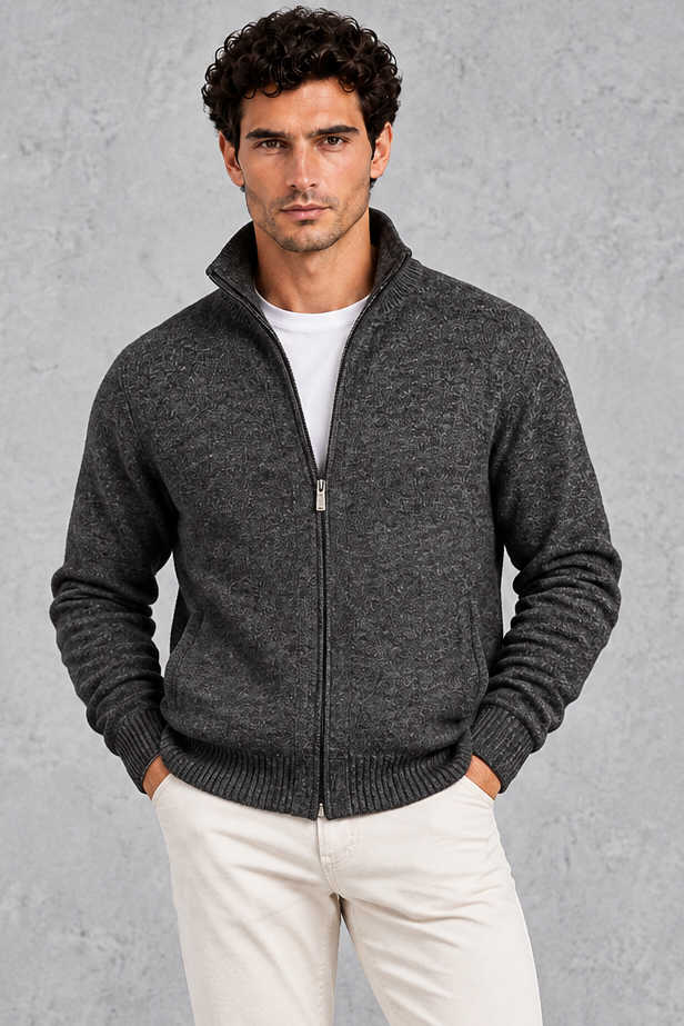 Men's Zip-Up Knitted Cardigan – Dark Grey