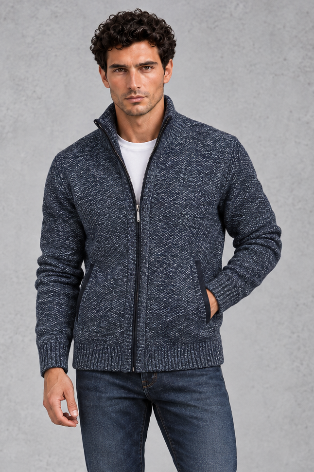 Men's Zip-Up Knitted Cardigan – Navy Blue