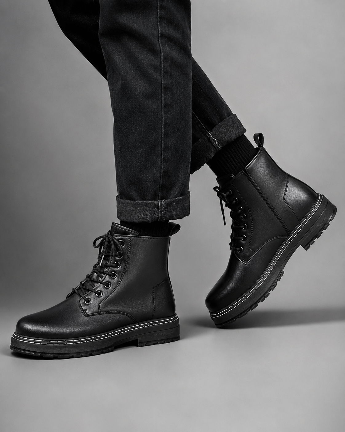 Men's high-top hiking boots with lace-up fastening, cushioned insole and slip-resistant PVC sole, designed for hiking, walking and everyday outdoor wear.