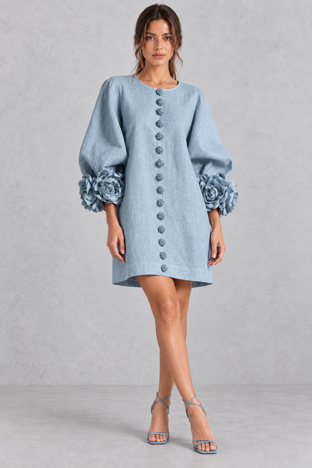 Women’s cotton-linen mini dress with 3D floral detailing, round neckline, long lantern sleeves and a loose A-line silhouette.
