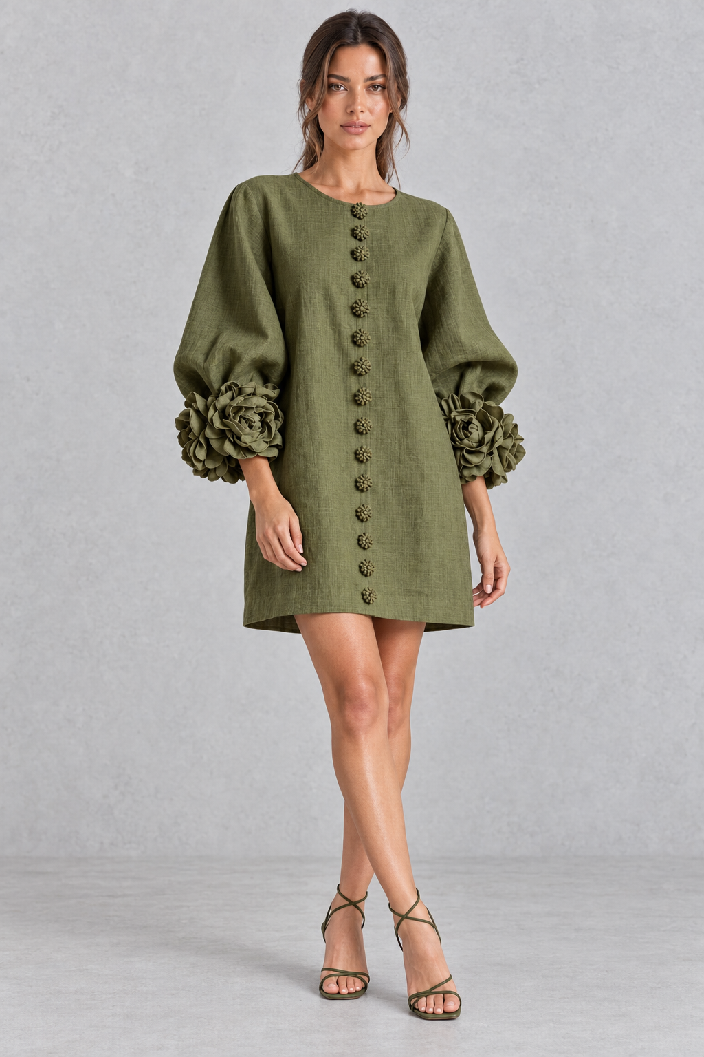 Women’s cotton-linen mini dress with 3D floral detailing, round neckline, long lantern sleeves and a loose A-line silhouette.