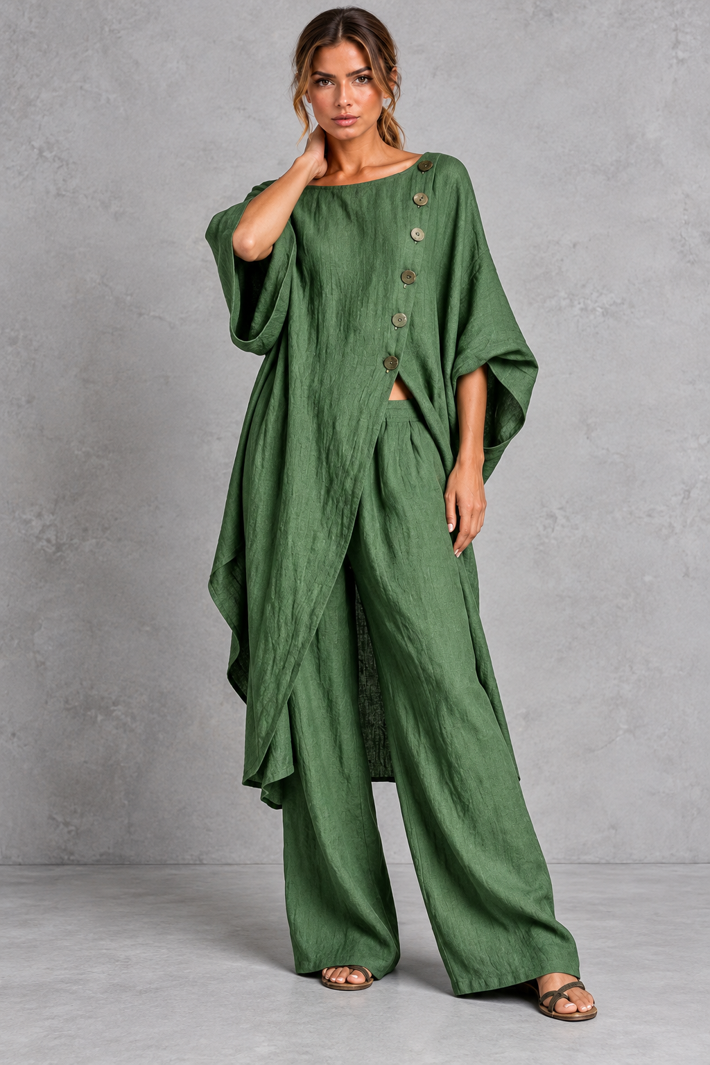 Women's green batwing sleeve tunic and wide leg trouser set – front view