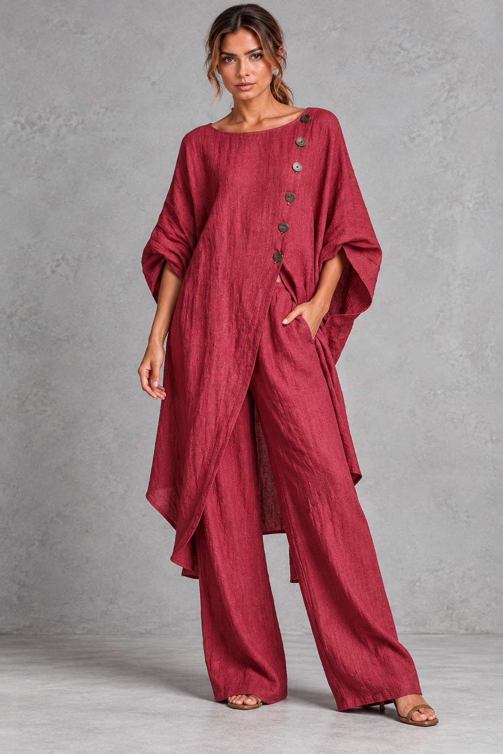 Women's red batwing sleeve tunic and wide leg trouser set – front view