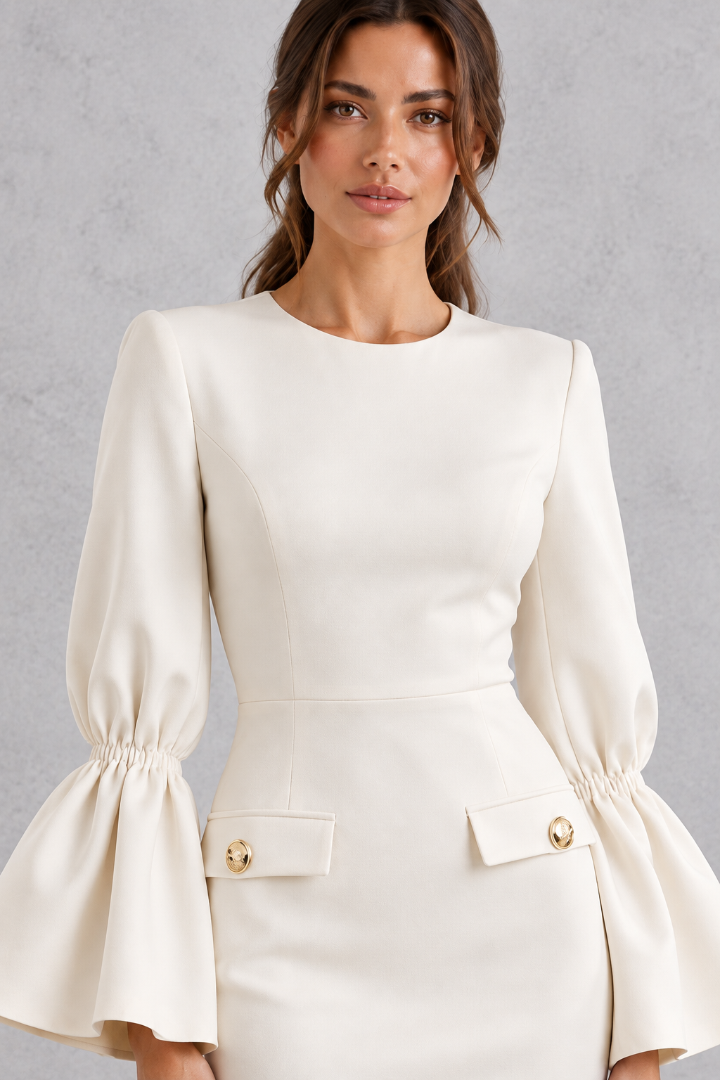 Women’s bodycon midi pencil dress with a classic round neckline, statement bell sleeves and a sleek fitted silhouette.